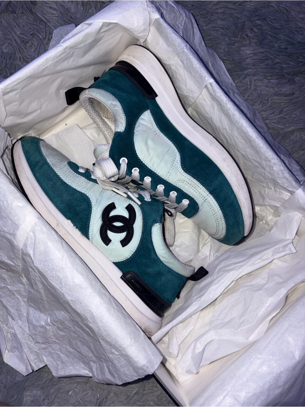 CHANEL Teal and Light Blue Suede & Leather Sneakers
